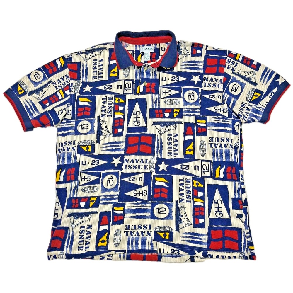 IZOD Mens XL Vintage Nautical Naval Issue Signal Flag Polo Shirt Blue Red Cotton
